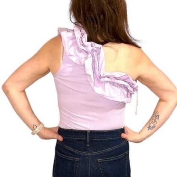 Express Bodysuit - Small - Lilac Light Vibrant Purple One Shoulder with Ruffles - Picture 5 of 8